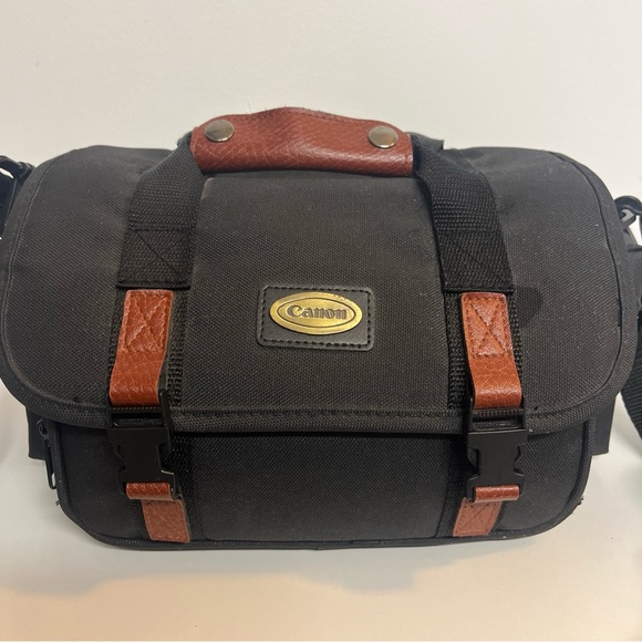 Vintage Canon Black Canvas Camera Bag Pockets Shoulder Strap Leather - Picture 2 of 13